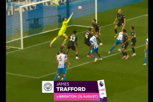 英超8月最佳撲救：曼城門將特拉福德?lián)涑龇逗湛说纳溟T