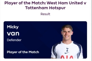 打進(jìn)1球，官方：范德文當(dāng)選熱刺vs西漢姆一役全場(chǎng)最佳球員