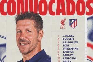 馬競(jìng)客戰(zhàn)利物浦名單：格列茲曼、拉斯帕多里在列，阿爾瓦雷斯缺席