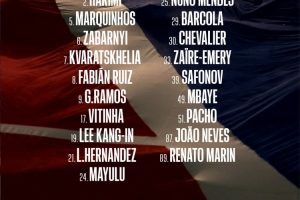 巴黎公布?xì)W冠戰(zhàn)亞特蘭大大名單：維蒂尼亞領(lǐng)袖，登貝萊、杜埃缺席