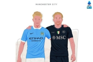 意甲官推曬海報預熱那不勒斯vs曼城：過去和現(xiàn)在的德布勞內