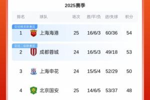 中超積分榜：海港先賽1分領(lǐng)跑！國安3連敗已落后榜首6分