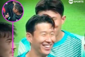 可愛??對陣巴拉圭合影環(huán)節(jié)，孫興慜與SONNY發(fā)型的小球迷打招呼