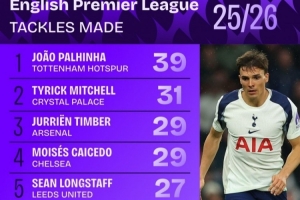 本賽季英超搶斷榜：帕利尼亞壓米切爾居首，廷伯、凱塞多列前四