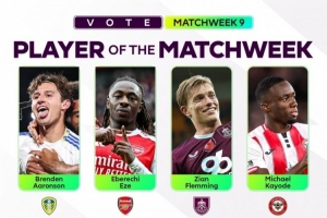 英超官方評第9輪最佳球員候選：埃澤、姆伯莫領(lǐng)銜，范德芬在列