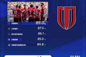 中超第30輪傳球成功率榜：蓉城89%居首，國(guó)安、浙江列二三位