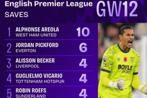 皮克福德單場6撲救，但本輪阿雷奧拉10次撲救創(chuàng)英超本賽季紀(jì)錄