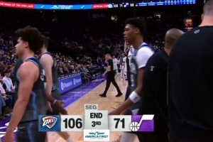 差距懸殊！爵士三節(jié)71-106落后雷霆35分 三節(jié)得分比雷霆半場少3分