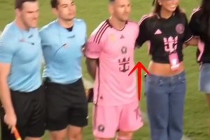 心中無其他女人??！開場選邊時和女明星合影時的梅西